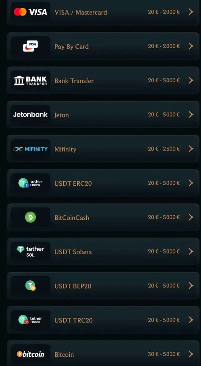 Écran de dépôt affiché sur l’interface Talismania mobile