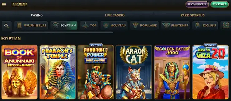 Aperçu des différentes catégories de jeux disponibles sur Talismania